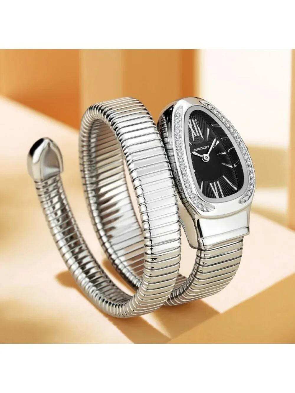 Women's Silver Black Elegant Wrap Around Bangle Fashion Snake Cuff Wrist Watches